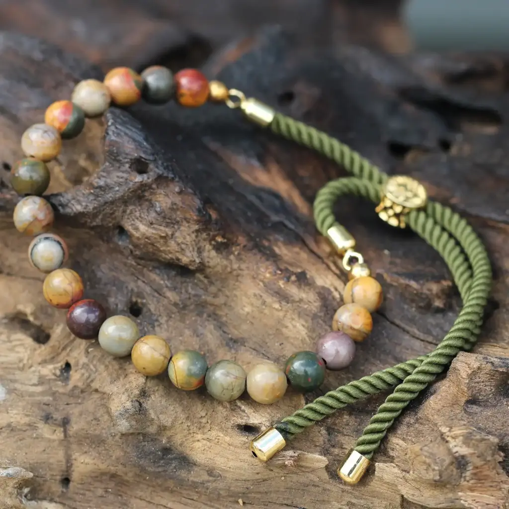 18K Gold Plated Gemstone Moss String Bracelet –  Picasso Jasper | www.artisangoods.co.uk 7
