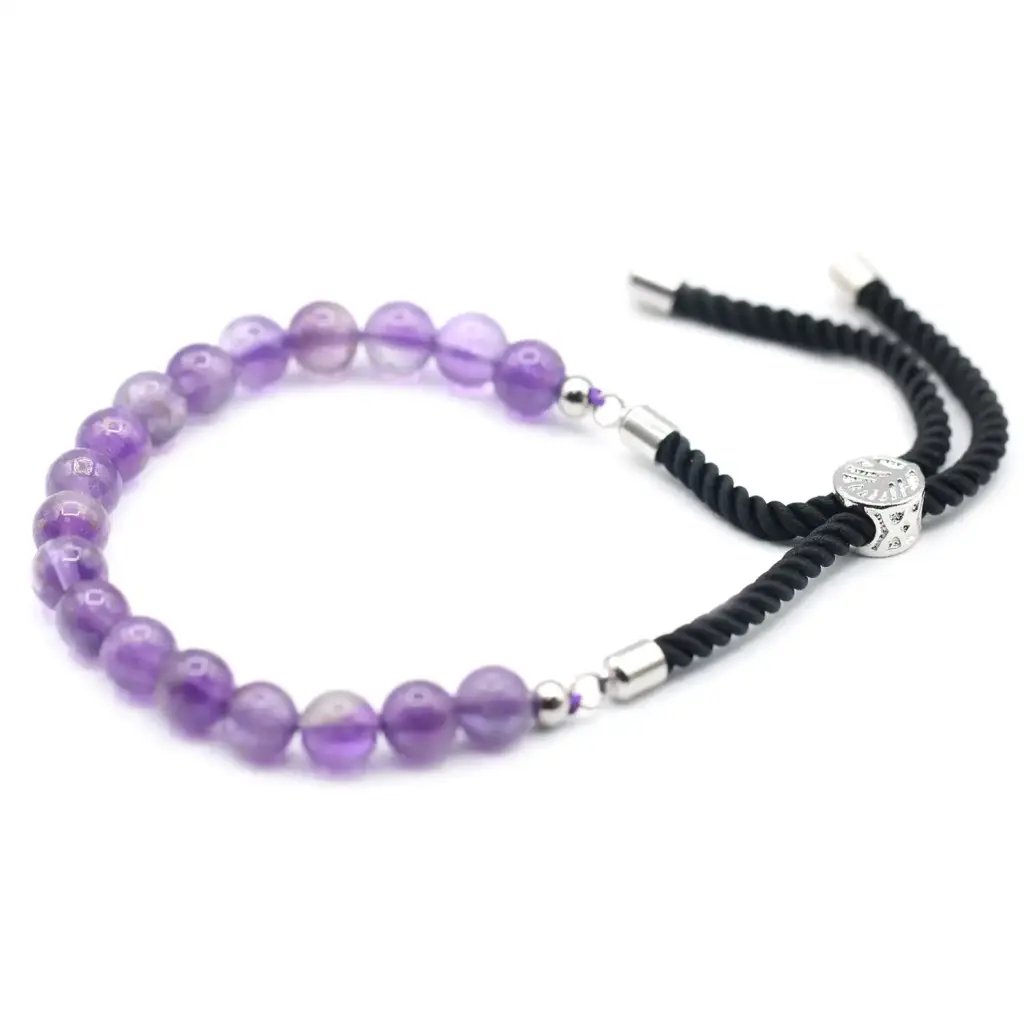 925 Silver Plated Gemstone Black String Bracelet – Amethyst | www.artisangoods.co.uk