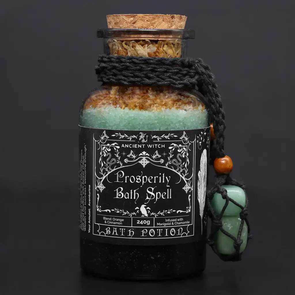 Ancient Witch Bath Spell Potion & Aventurine Crystal Amulet – Prosperity | www.artisangoods.co.uk