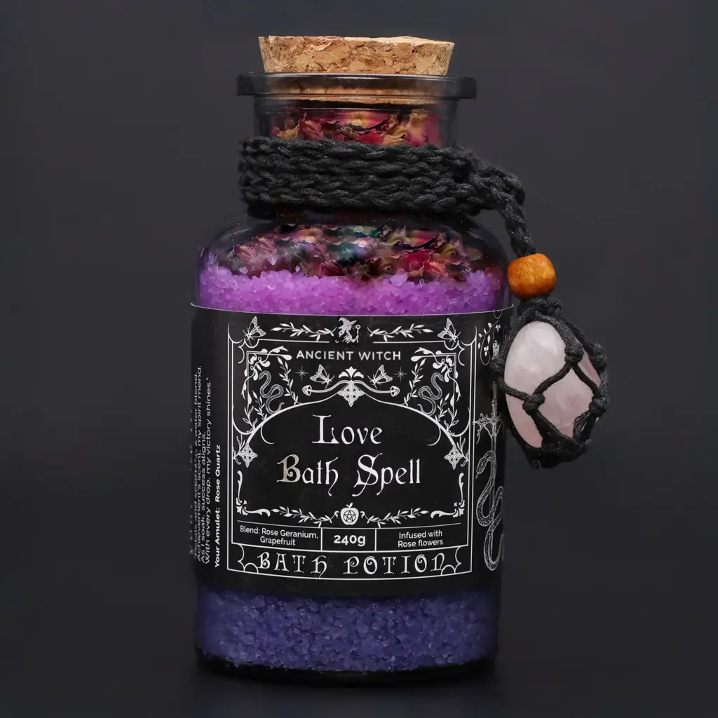 Ancient Witch Bath Spell Potion & Rose Quartz Crystal Amulet – Love | www.artisangoods.co.uk 10