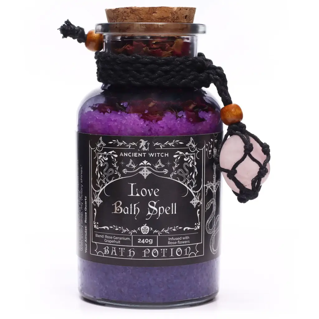 Ancient Witch Bath Spell Potion & Rose Quartz Crystal Amulet – Love | www.artisangoods.co.uk