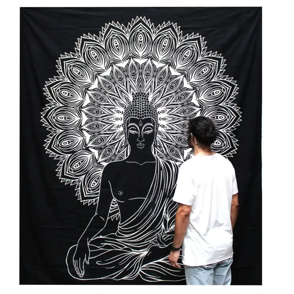 B&W Double Cotton Bedspread + Wall Hanging – Buddha | www.artisangoods.co.uk 2
