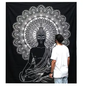 B&W Double Cotton Bedspread + Wall Hanging – Buddha | www.artisangoods.co.uk 2