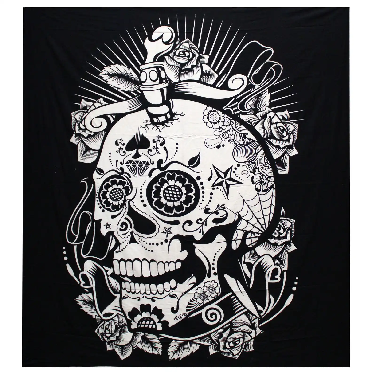 B&W Double Cotton Bedspread + Wall Hanging – Rose Skull | www.artisangoods.co.uk 2 B&W Double Cotton Bedspread + Wall Hanging – Rose Skull | www.artisangoods.co.uk