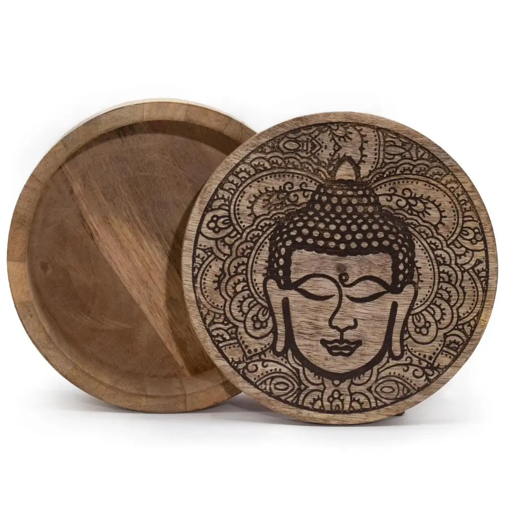 Big Round Box 17.5×7.5cm – Buddha Face Black Engraved | www.artisangoods.co.uk