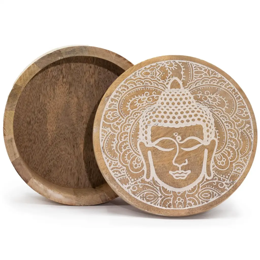 Big Round Box 17.5×7.5cm – Buddha Face Whitewash | www.artisangoods.co.uk