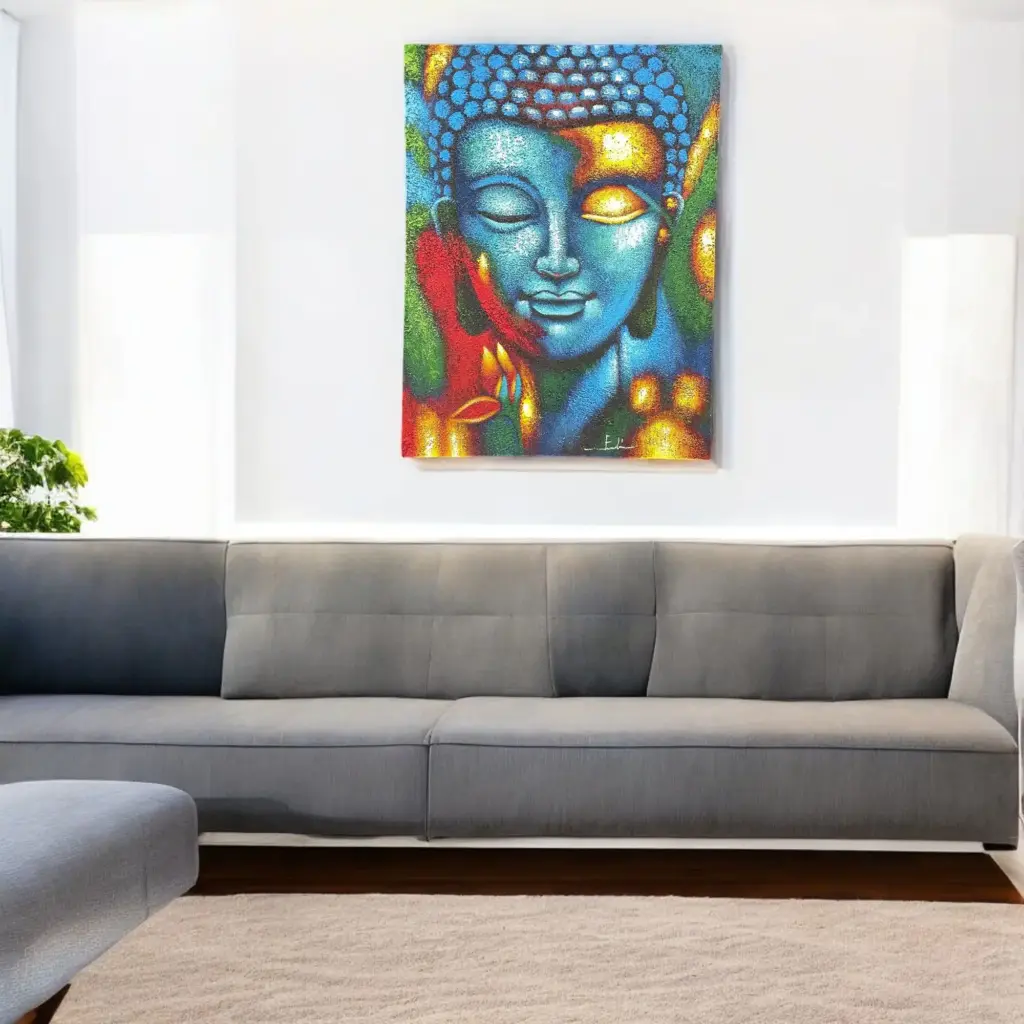 Buddha Painting – Blue & Gold Flower 75x55cm | www.artisangoods.co.uk 2