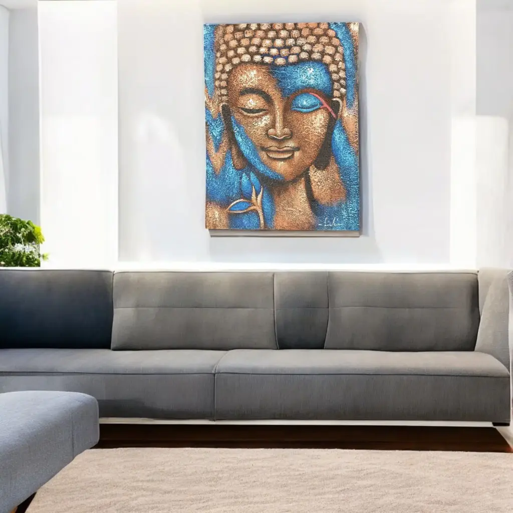 Buddha Painting – Bronze & Blue Flower 75x55cm | www.artisangoods.co.uk 3