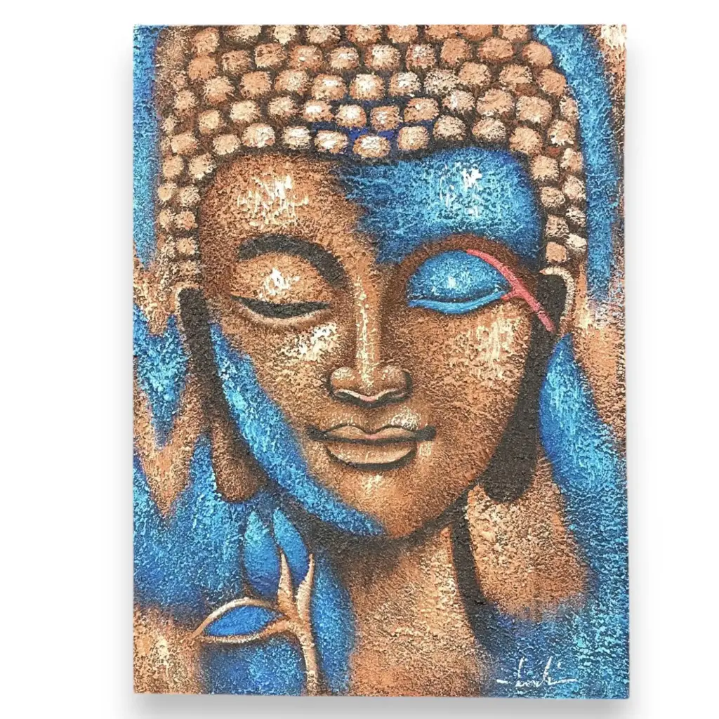 Buddha Painting – Bronze & Blue Flower 75x55cm | www.artisangoods.co.uk