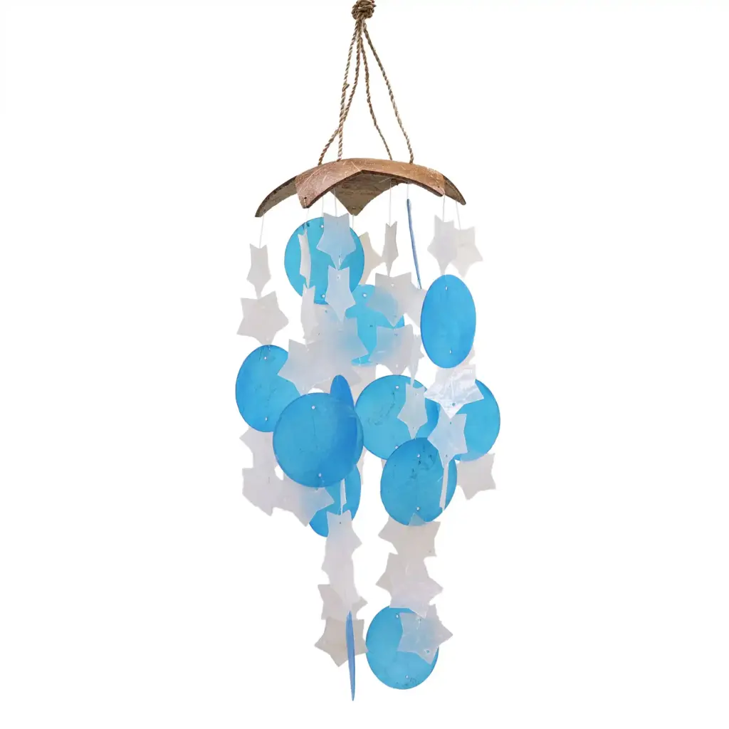 Coconut & Capiz Windchimes – Blue and White Stars – 30cm | www.artisangoods.co.uk