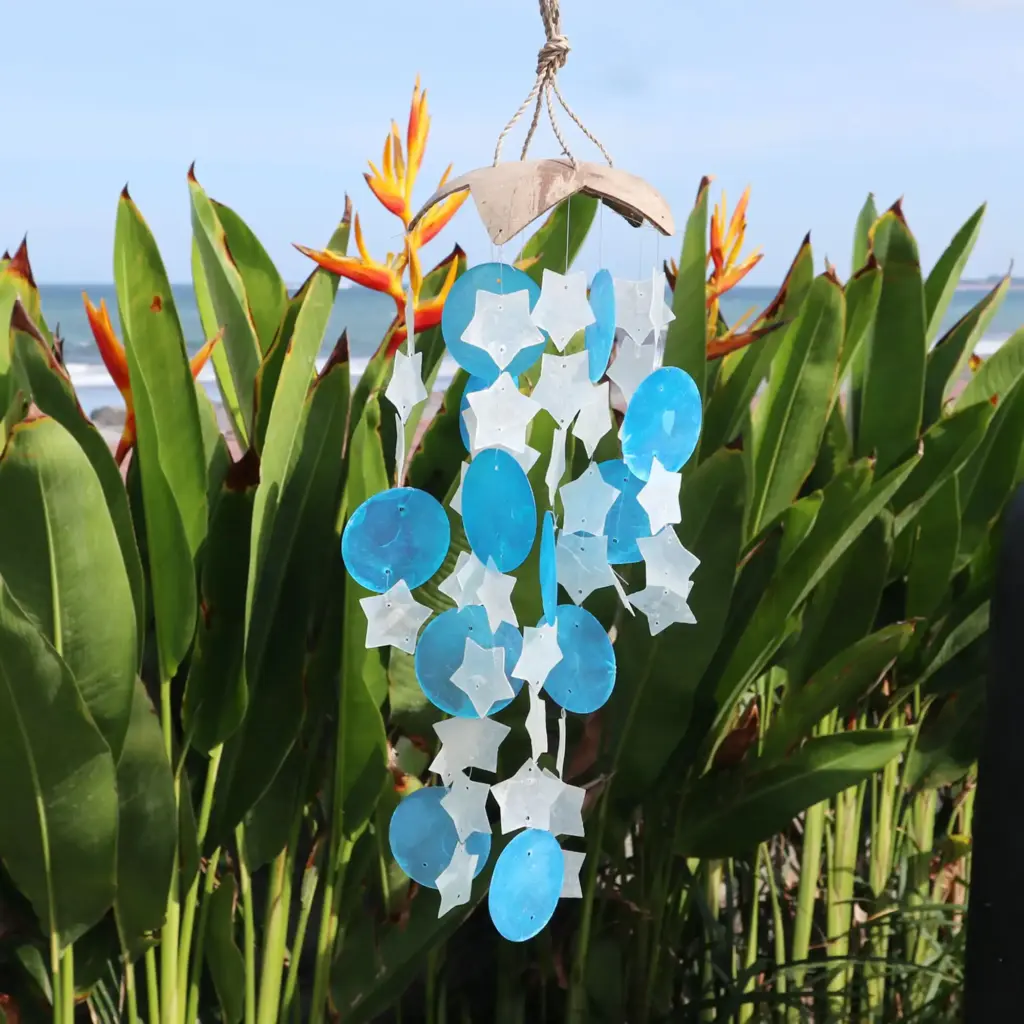 Coconut & Capiz Windchimes – Blue and White Stars – 30cm | www.artisangoods.co.uk 2