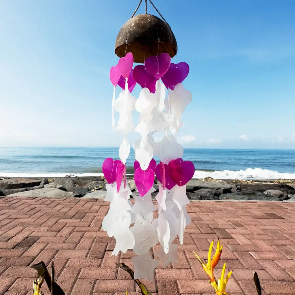 Coconut & Capiz Windchimes – Pink and White Mix Shapes – 35cm | www.artisangoods.co.uk 2