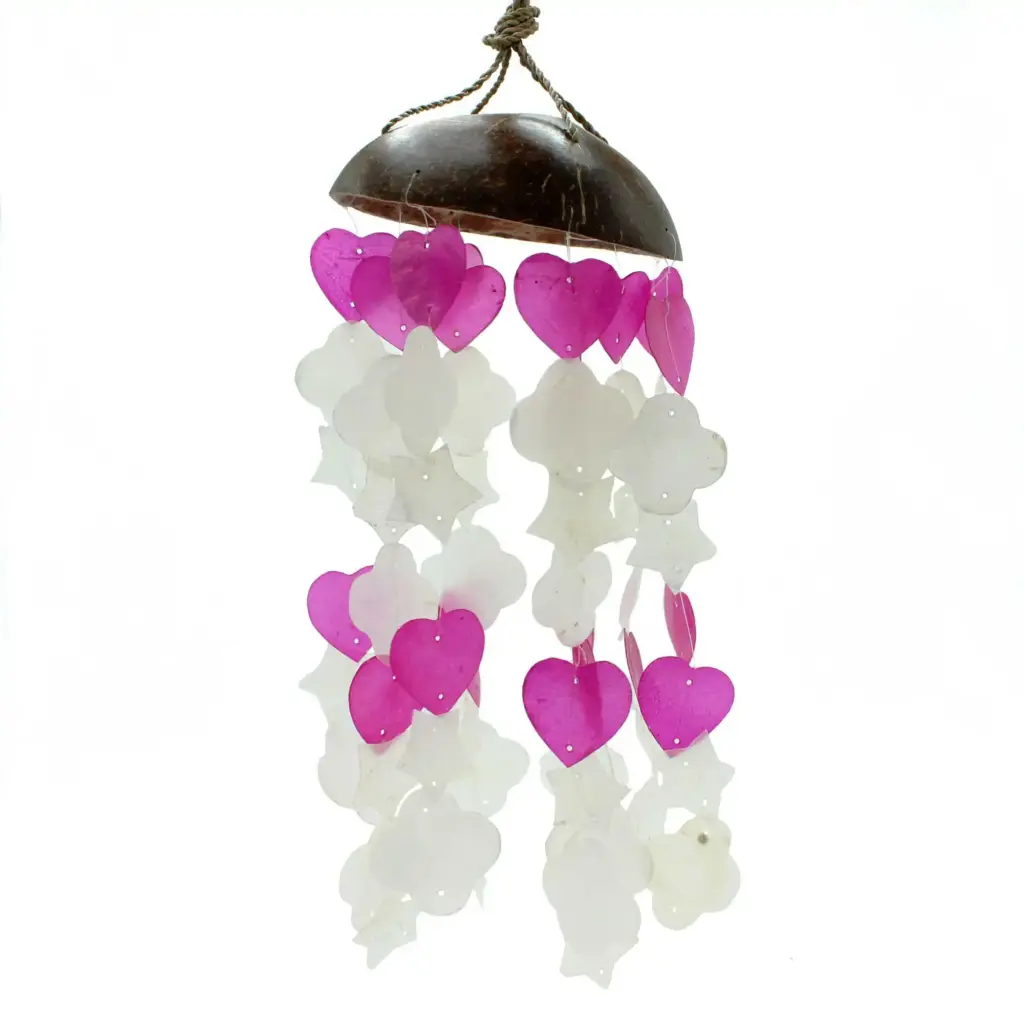 Coconut & Capiz Windchimes – Pink and White Mix Shapes – 35cm | www.artisangoods.co.uk