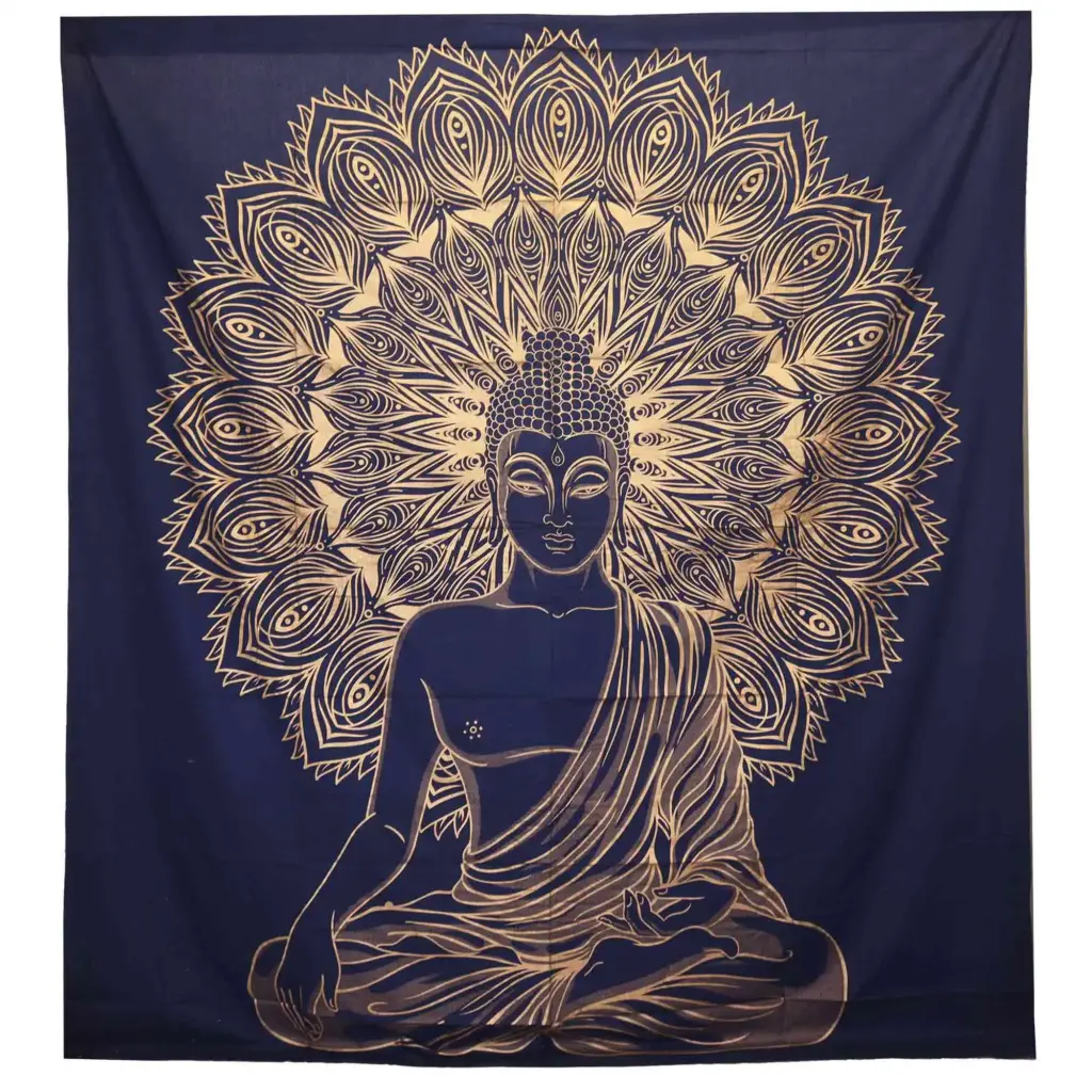 Double Cotton Bedspread + Wall Hanging – Buddha – Blue Gold | www.artisangoods.co.uk