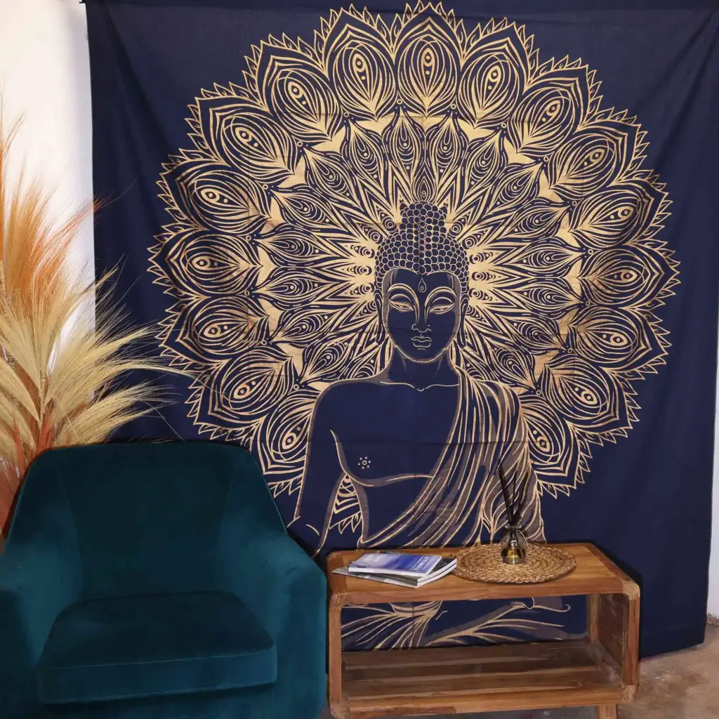 Double Cotton Bedspread + Wall Hanging – Buddha – Blue Gold | www.artisangoods.co.uk 2