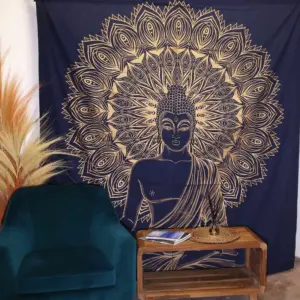 Double Cotton Bedspread + Wall Hanging – Buddha – Blue Gold | www.artisangoods.co.uk 2