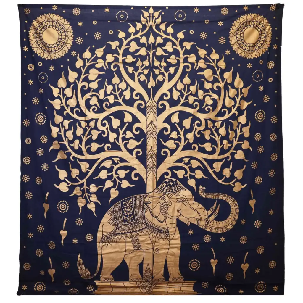 Double Cotton Bedspread + Wall Hanging – Elephant & Tree – Blue Gold | www.artisangoods.co.uk