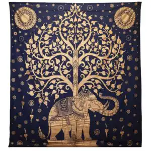 Double Cotton Bedspread + Wall Hanging – Elephant & Tree – Blue Gold | www.artisangoods.co.uk