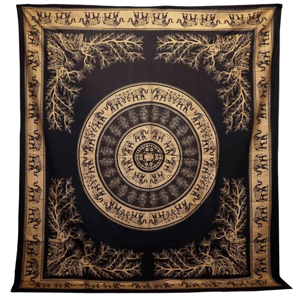 Double Cotton Bedspread + Wall Hanging – Elephant Jungle – Black Gold | www.artisangoods.co.uk