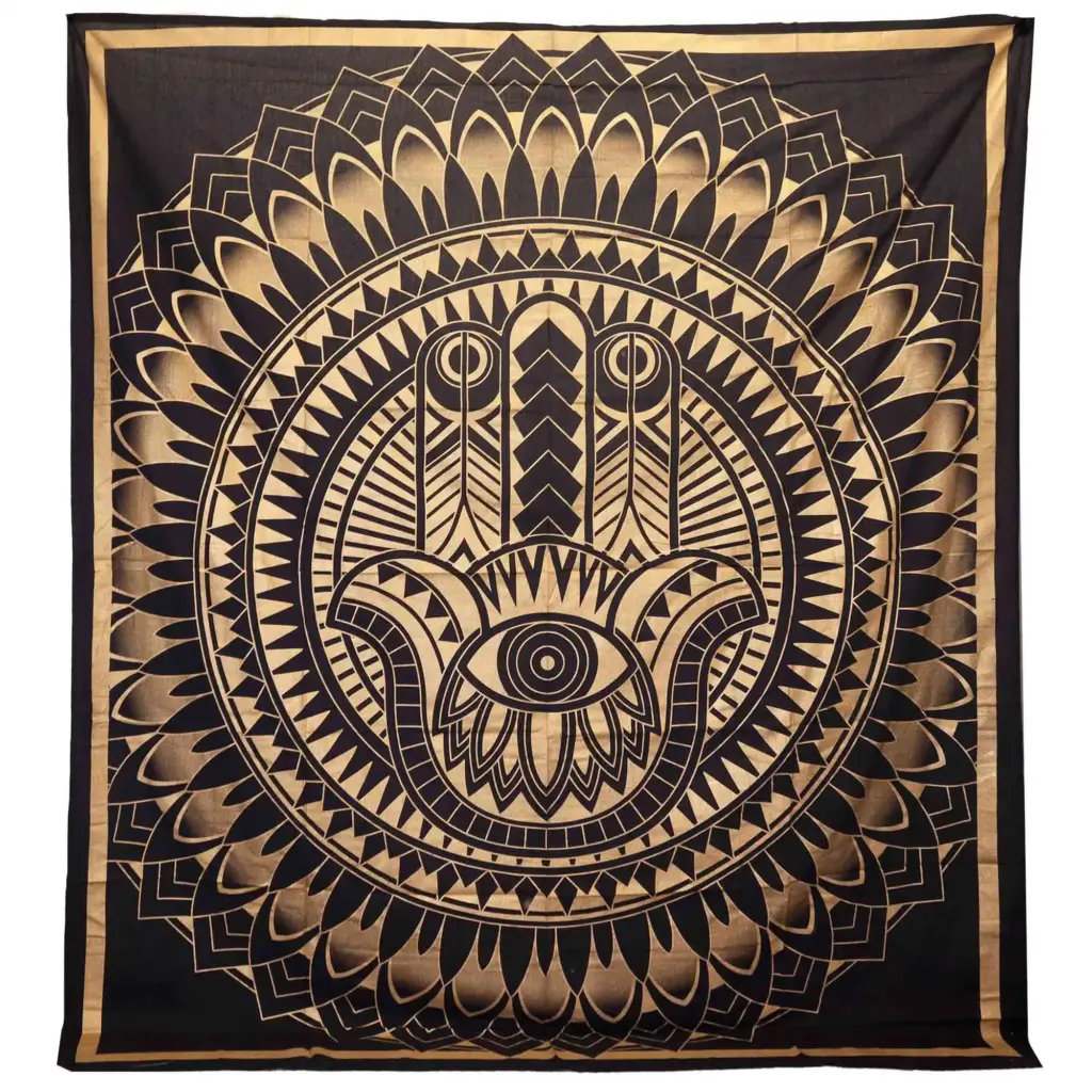 Double Cotton Bedspread + Wall Hanging – Hamsa – Black Gold | www.artisangoods.co.uk
