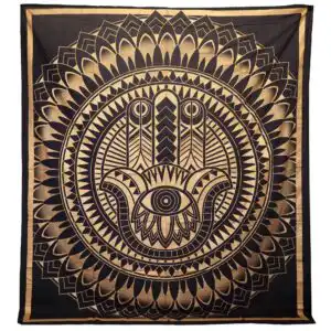 Double Cotton Bedspread + Wall Hanging – Hamsa – Black Gold | www.artisangoods.co.uk 1