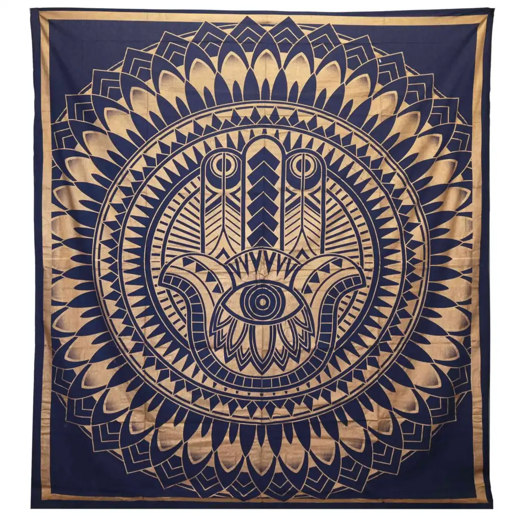 Double Cotton Bedspread + Wall Hanging – Hamsa – Blue Gold | www.artisangoods.co.uk