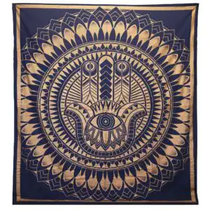 Double Cotton Bedspread + Wall Hanging – Hamsa – Blue Gold | www.artisangoods.co.uk