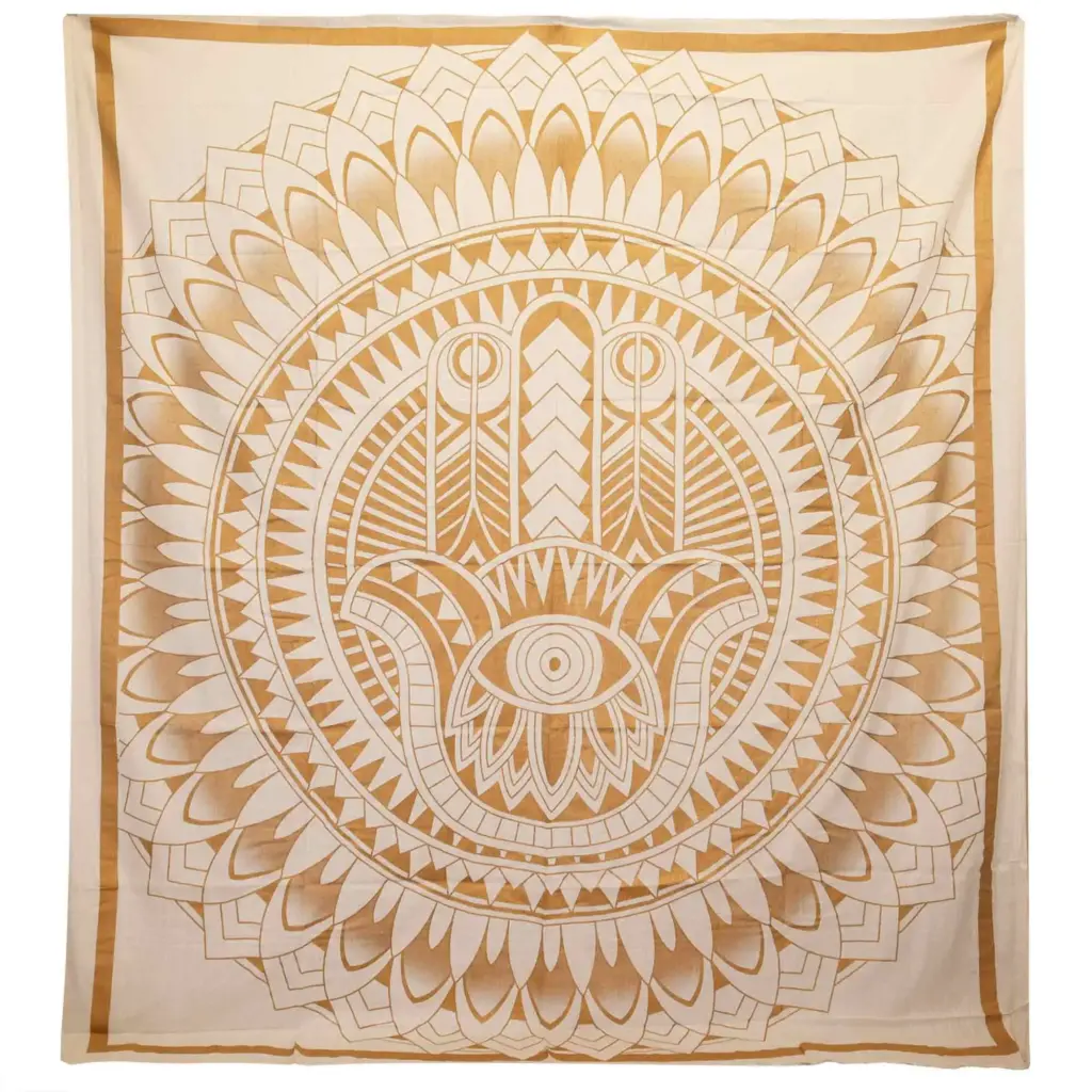 Double Cotton Bedspread + Wall Hanging – Hamsa – White Gold | www.artisangoods.co.uk