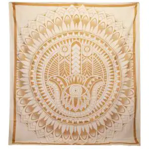 Double Cotton Bedspread + Wall Hanging – Hamsa – White Gold | www.artisangoods.co.uk 1