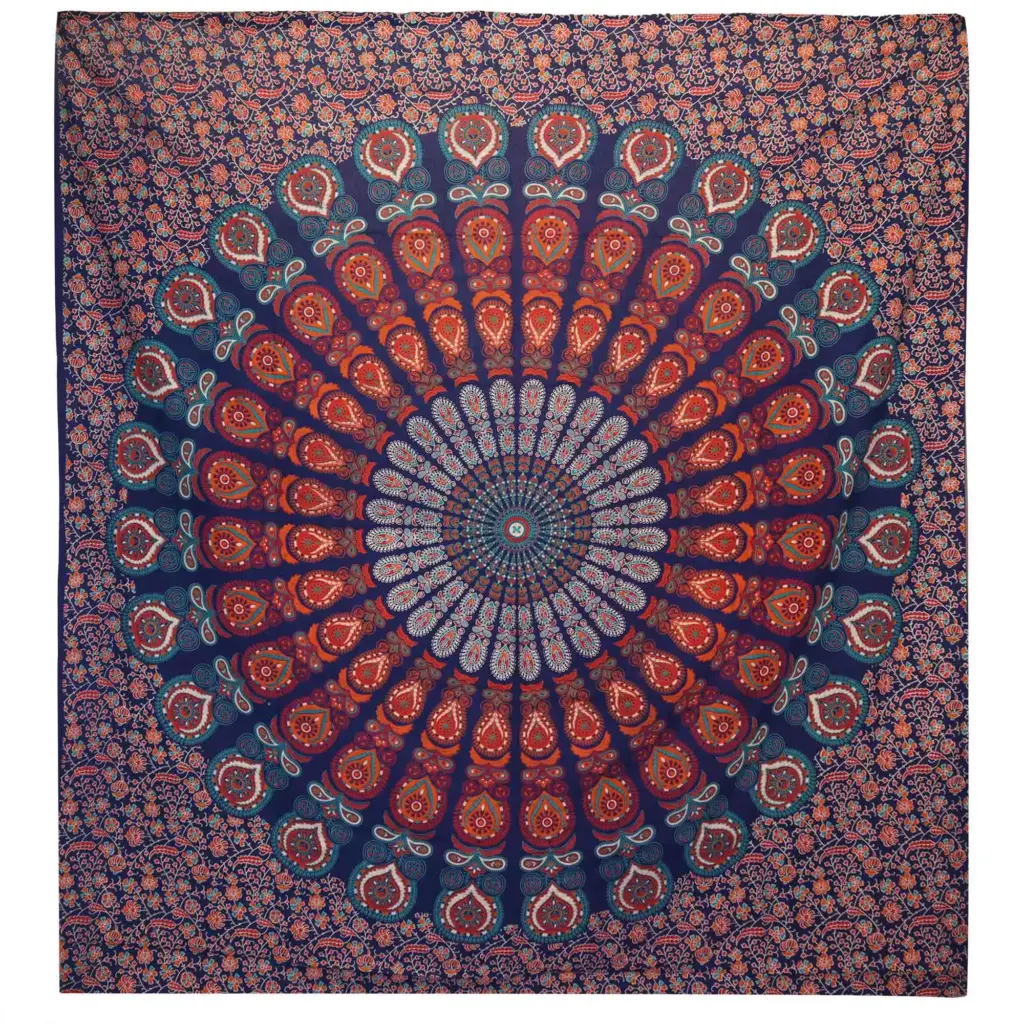 Double Cotton Bedspread + Wall Hanging – Peacock Mandala – Blue | www.artisangoods.co.uk