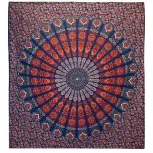 Double Cotton Bedspread + Wall Hanging – Peacock Mandala – Blue | www.artisangoods.co.uk
