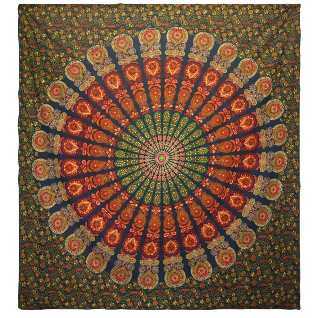 Double Cotton Bedspread + Wall Hanging – Peacock Mandala – Green | www.artisangoods.co.uk