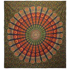 Double Cotton Bedspread + Wall Hanging – Peacock Mandala – Green | www.artisangoods.co.uk