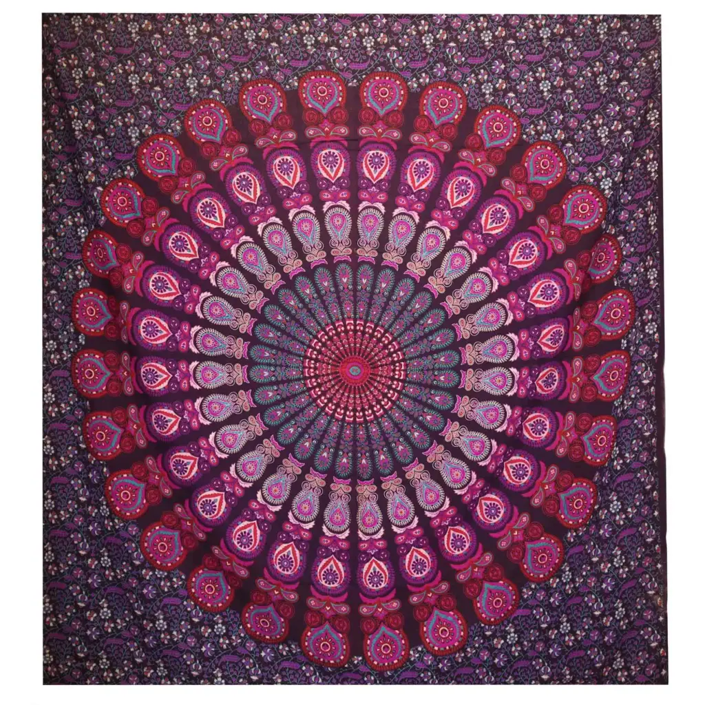 Double Cotton Bedspread + Wall Hanging – Peacock Mandala – Purple | www.artisangoods.co.uk