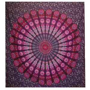 Double Cotton Bedspread + Wall Hanging – Peacock Mandala – Purple | www.artisangoods.co.uk