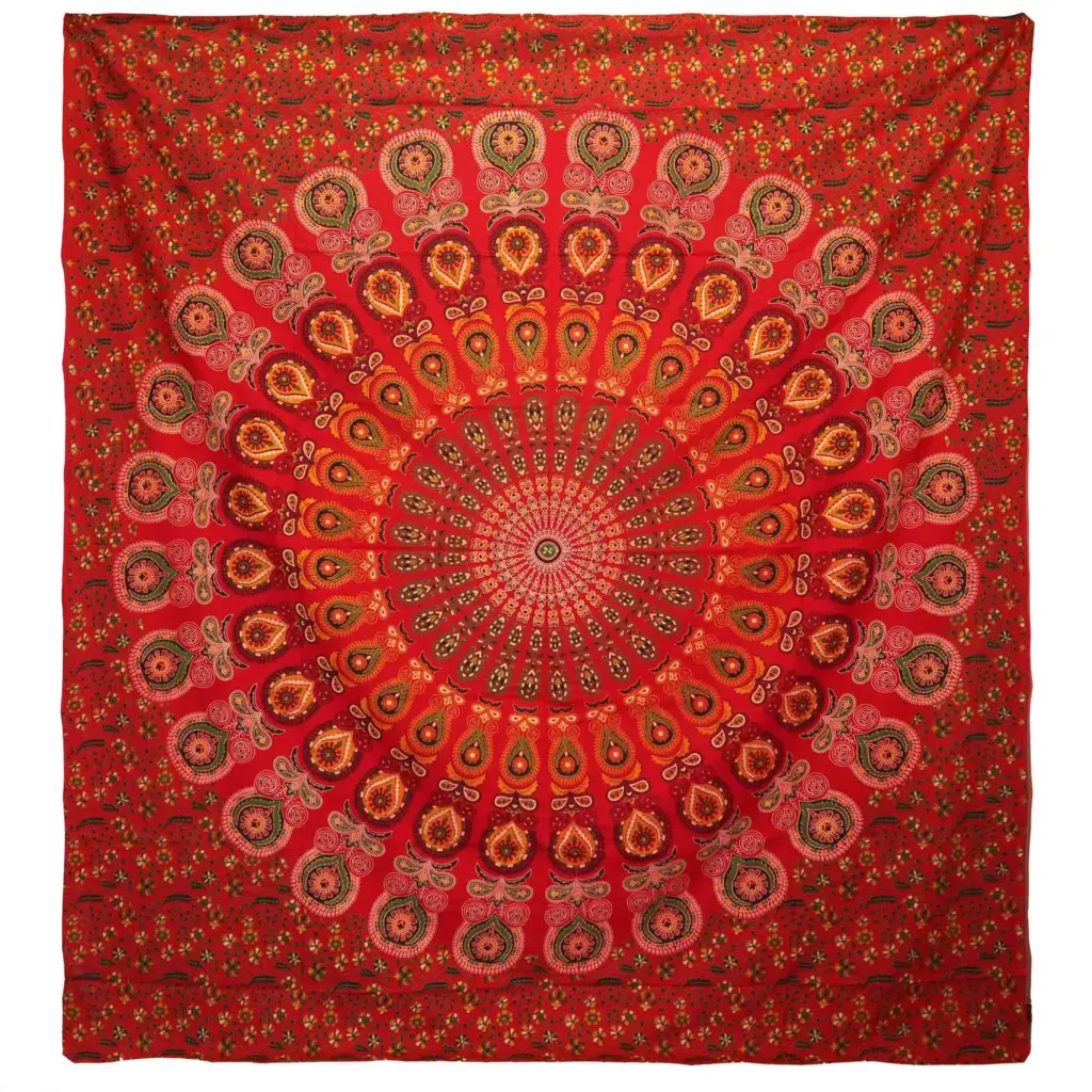 Double Cotton Bedspread + Wall Hanging – Peacock Mandala – Red | www.artisangoods.co.uk