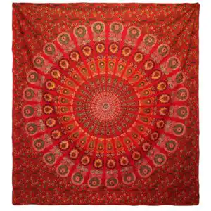 Double Cotton Bedspread + Wall Hanging – Peacock Mandala – Red | www.artisangoods.co.uk
