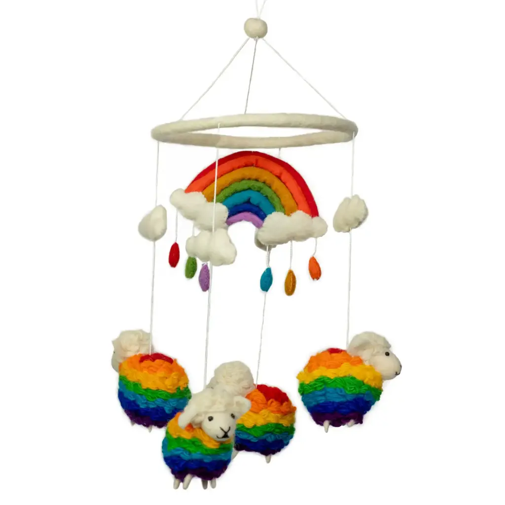 Handmade Felt Mobile – Rainbow Sheep | www.artisangoods.co.uk