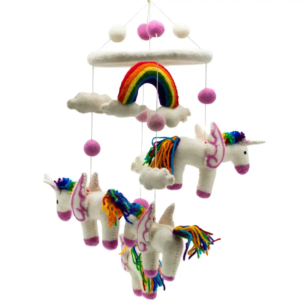Handmade Felt Mobile – Rainbow Unicorns | www.artisangoods.co.uk