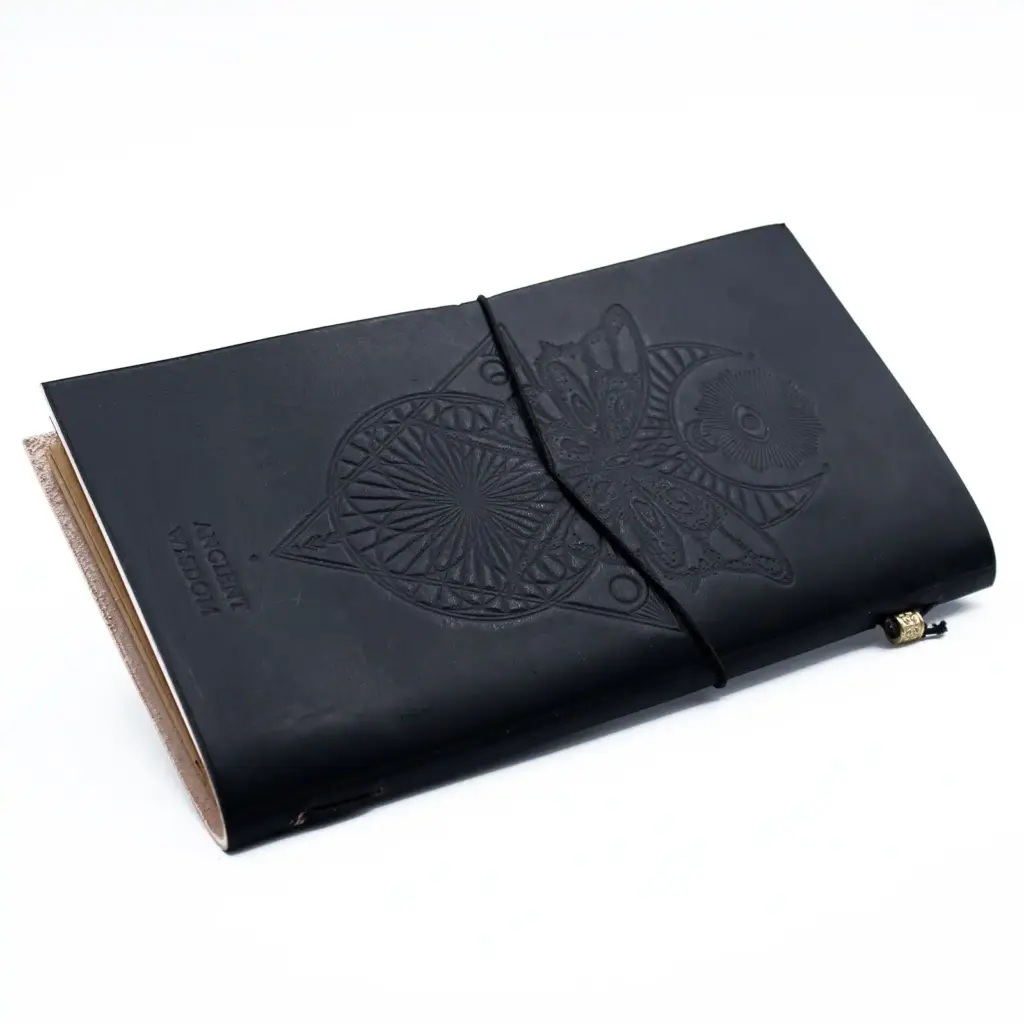 Handmade Leather Journal – My Book of Spells and other Thoughts – Black | www.artisangoods.co.uk