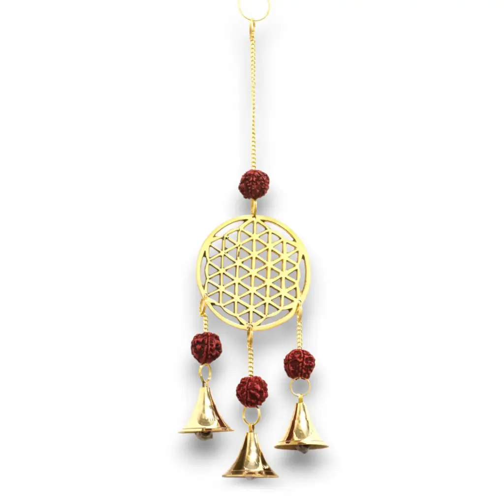 Indian Chimes – Brass Flower of Life with Rudraksha Beads – 3 Bells | www.artisangoods.co.uk