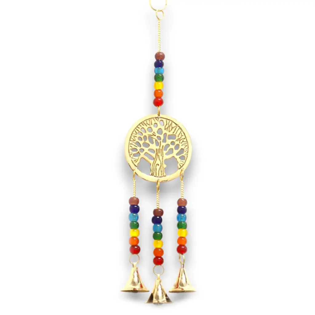 Indian Chimes – Brass Tree of Life with Chakra Beads – 3 Bells | www.artisangoods.co.uk