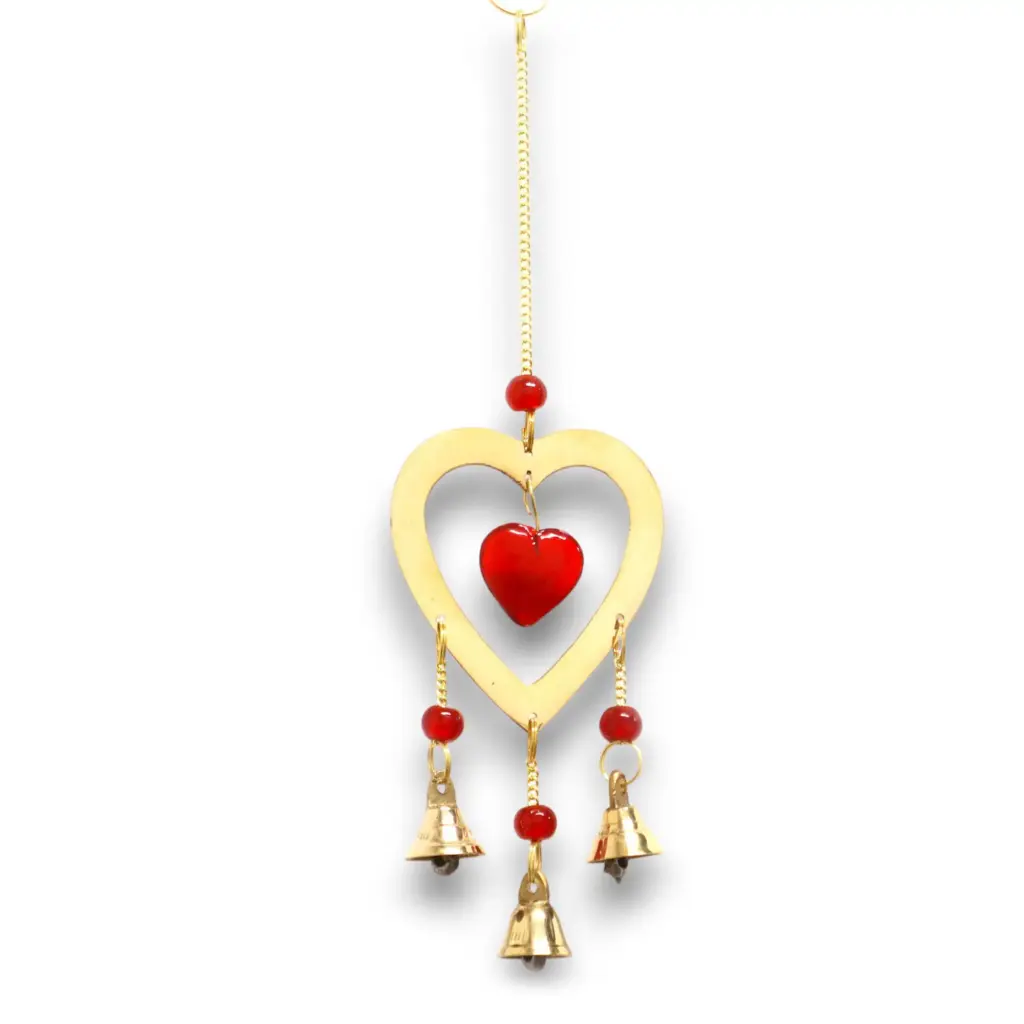 Indian Chimes – Brass With Ruby Glass Heart Beads – 3 Bells | www.artisangoods.co.uk