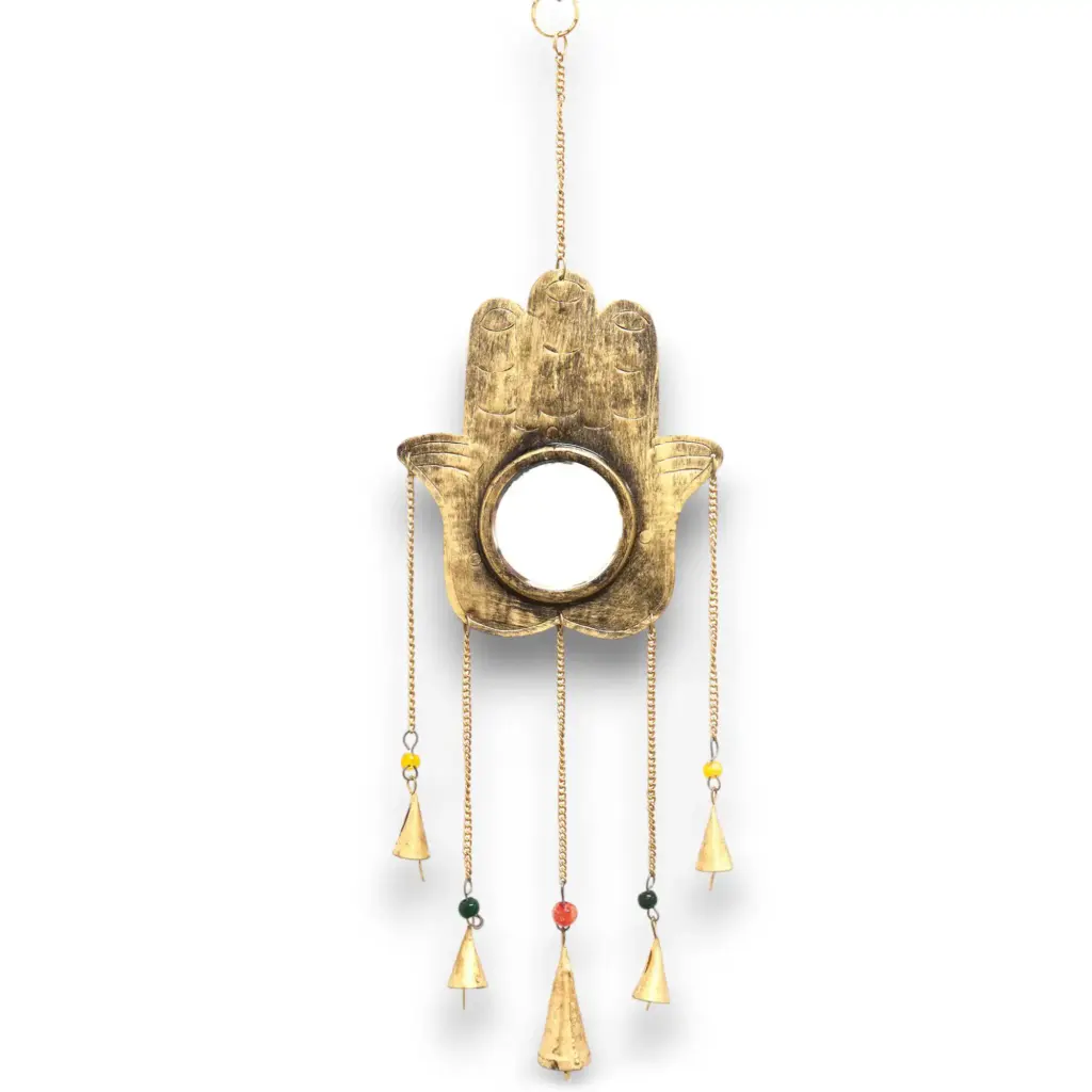Indian Chimes – Hamsa Lrg Mirror 5 Bells | www.artisangoods.co.uk