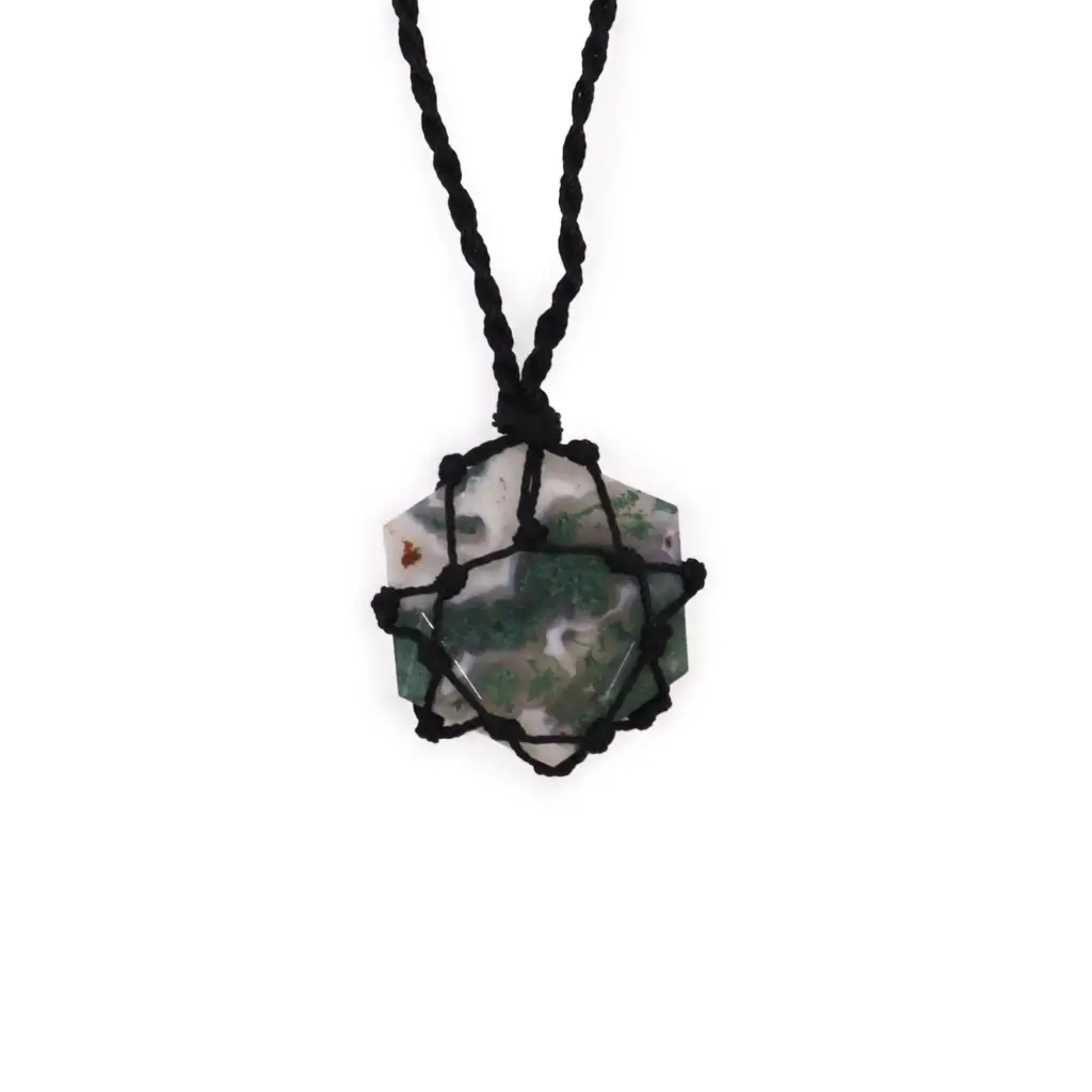 Laced Gemstone Hexagon Pendant – Moss Agate | www.artisangoods.co.uk