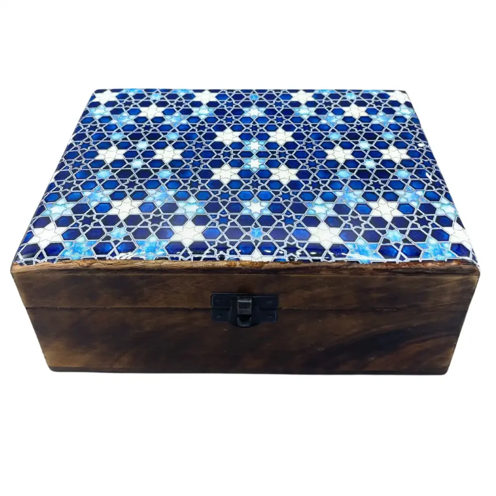 Large Ceramic Glazed Wood Box – 20x15x7.5cm – Blue Stars | www.artisangoods.co.uk 3