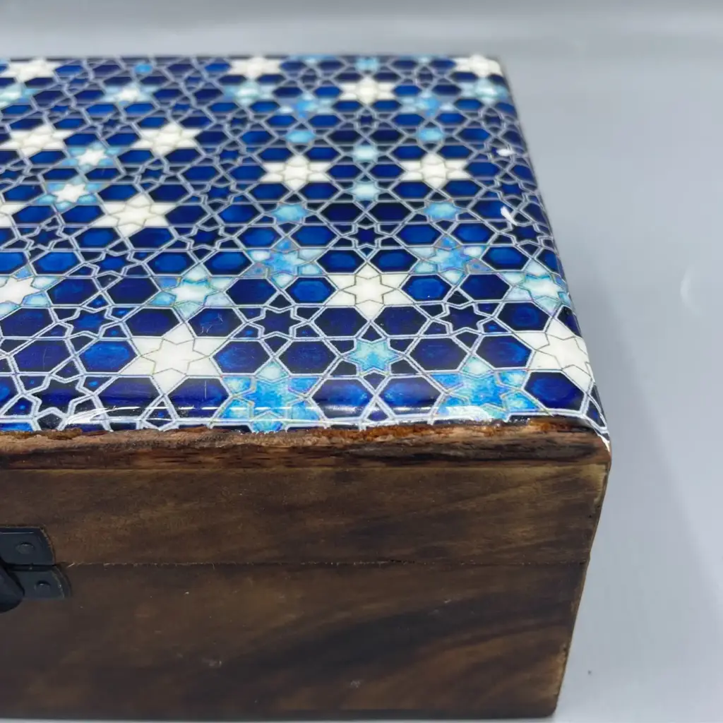 Large Ceramic Glazed Wood Box – 20x15x7.5cm – Blue Stars | www.artisangoods.co.uk