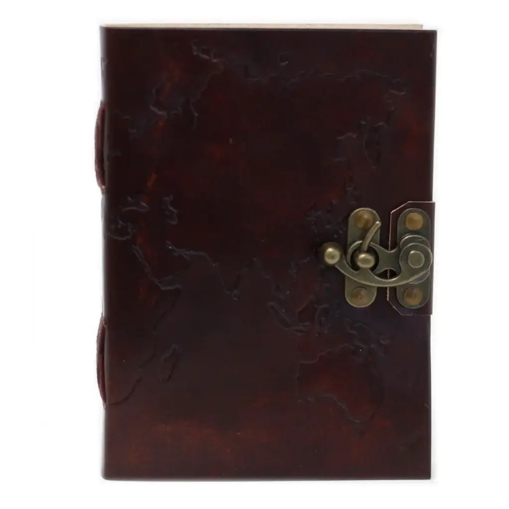 Leather World Map & Stitching Notebook (7×5″) | www.artisangoods.co.uk