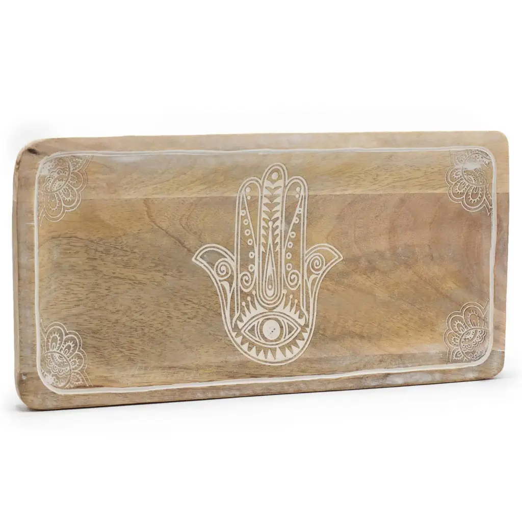 Long Tray 30x15x2.5cm – Hamsa Design Whitewash | www.artisangoods.co.uk