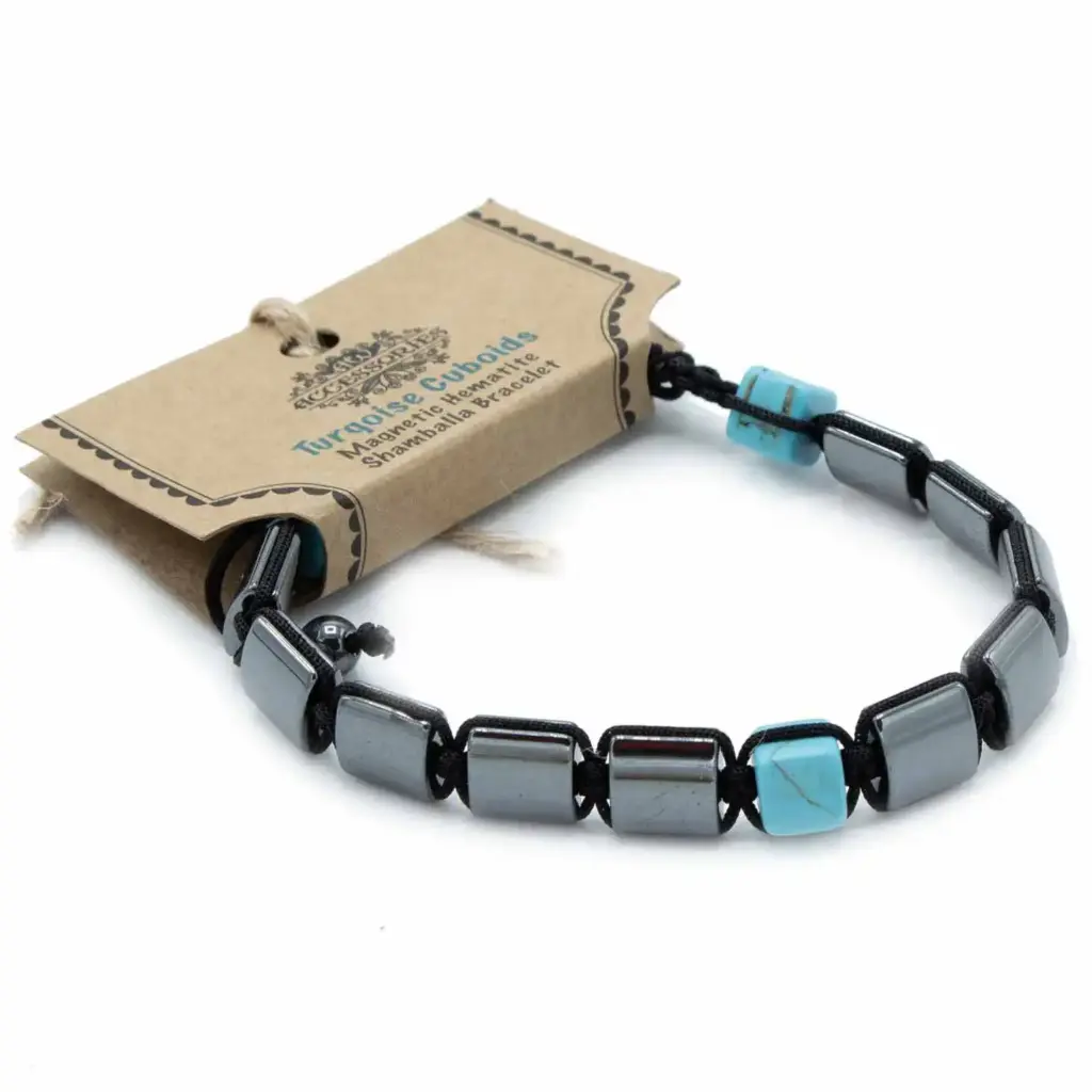 Magnetic Hematite Shamballa Bracelet – Turqoise Cuboids | www.artisangoods.co.uk Magnetic Hematite Shamballa Bracelet – Turqoise Cuboids | www.artisangoods.co.uk